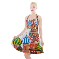 Moscow-kremlin-saint-basils-cathedral-red-square-l-vector-illustration-moscow-building Halter Party Swing Dress  by Jancukart