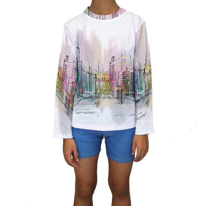 Drawing-watercolor-painting-city Kids  Long Sleeve Swimwear