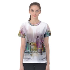 Drawing-watercolor-painting-city Women s Sport Mesh Tee