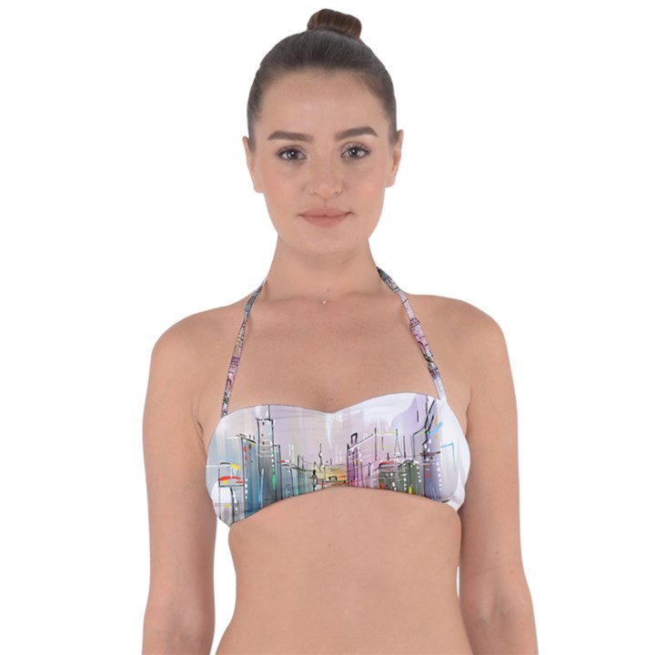 Drawing-watercolor-painting-city Halter Bandeau Bikini Top