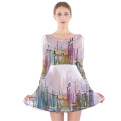 Drawing-watercolor-painting-city Long Sleeve Velvet Skater Dress