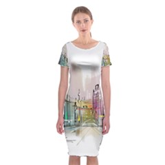 Drawing-watercolor-painting-city Classic Short Sleeve Midi Dress