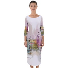 Drawing-watercolor-painting-city Quarter Sleeve Midi Bodycon Dress