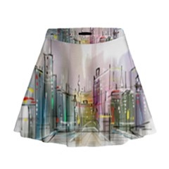 Drawing-watercolor-painting-city Mini Flare Skirt by Jancukart