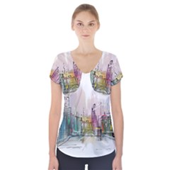 Drawing-watercolor-painting-city Short Sleeve Front Detail Top by Jancukart