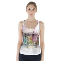 Drawing-watercolor-painting-city Racer Back Sports Top