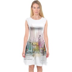 Drawing-watercolor-painting-city Capsleeve Midi Dress