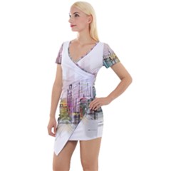 Drawing-watercolor-painting-city Short Sleeve Asymmetric Mini Dress by Jancukart