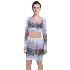 Drawing-watercolor-painting-city Top And Skirt Sets