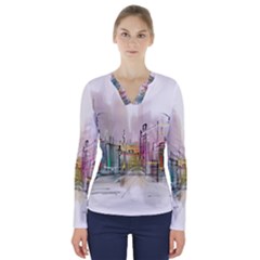 Drawing-watercolor-painting-city V-neck Long Sleeve Top