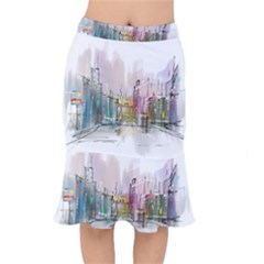 Drawing-watercolor-painting-city Short Mermaid Skirt