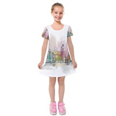 Drawing-watercolor-painting-city Kids  Short Sleeve Velvet Dress