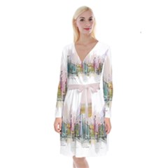 Drawing-watercolor-painting-city Long Sleeve Velvet Front Wrap Dress