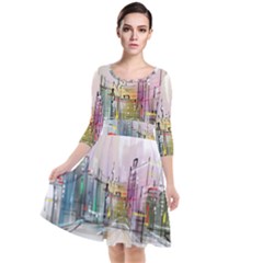 Drawing-watercolor-painting-city Quarter Sleeve Waist Band Dress