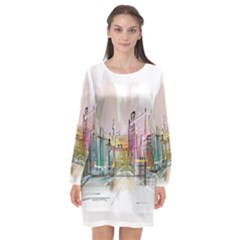 Drawing-watercolor-painting-city Long Sleeve Chiffon Shift Dress  by Jancukart