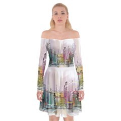 Drawing-watercolor-painting-city Off Shoulder Skater Dress