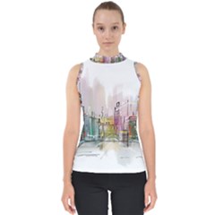 Drawing-watercolor-painting-city Mock Neck Shell Top