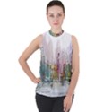 Drawing-watercolor-painting-city Mock Neck Chiffon Sleeveless Top View1