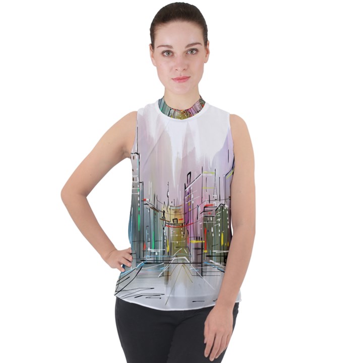 Drawing-watercolor-painting-city Mock Neck Chiffon Sleeveless Top