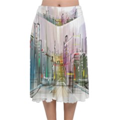 Drawing-watercolor-painting-city Velvet Flared Midi Skirt by Jancukart