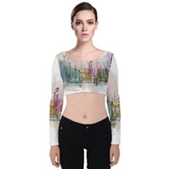 Drawing-watercolor-painting-city Velvet Long Sleeve Crop Top