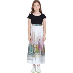 Drawing-watercolor-painting-city Kids  Flared Maxi Skirt