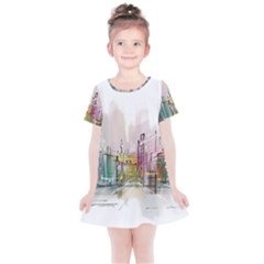 Drawing-watercolor-painting-city Kids  Simple Cotton Dress by Jancukart