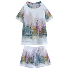 Drawing-watercolor-painting-city Kids  Swim Tee And Shorts Set