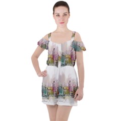 Drawing-watercolor-painting-city Ruffle Cut Out Chiffon Playsuit