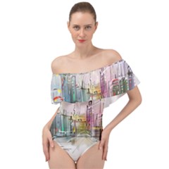 Drawing-watercolor-painting-city Off Shoulder Velour Bodysuit  by Jancukart