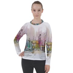 Drawing-watercolor-painting-city Women s Pique Long Sleeve Tee