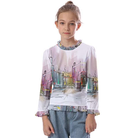 Drawing-watercolor-painting-city Kids  Frill Detail Tee by Jancukart