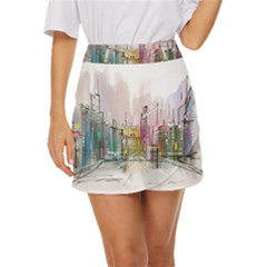 Drawing-watercolor-painting-city Mini Front Wrap Skirt by Jancukart