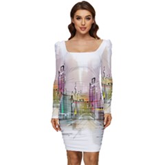 Drawing-watercolor-painting-city Women Long Sleeve Ruched Stretch Jersey Dress