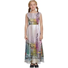 Drawing-watercolor-painting-city Kids  Satin Sleeveless Maxi Dress