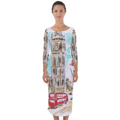 Big-ben-paris-clock-tower-vector-painted-london Quarter Sleeve Midi Bodycon Dress