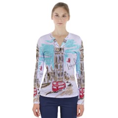 Big-ben-paris-clock-tower-vector-painted-london V-neck Long Sleeve Top by Jancukart