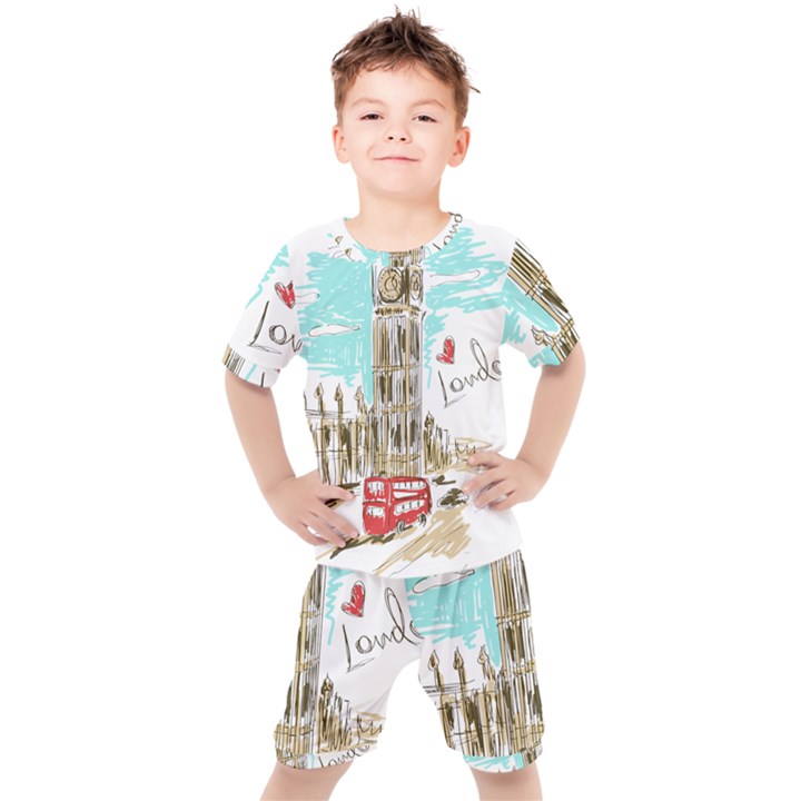 Big-ben-paris-clock-tower-vector-painted-london Kids  Tee and Shorts Set