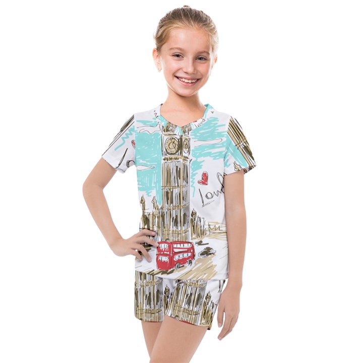 Big-ben-paris-clock-tower-vector-painted-london Kids  Mesh Tee and Shorts Set