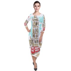 Big-ben-paris-clock-tower-vector-painted-london Quarter Sleeve Midi Velour Bodycon Dress