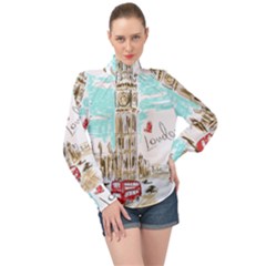 Big-ben-paris-clock-tower-vector-painted-london High Neck Long Sleeve Chiffon Top by Jancukart