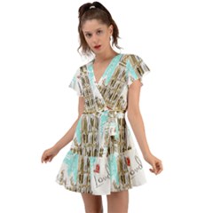 Big-ben-paris-clock-tower-vector-painted-london Flutter Sleeve Wrap Dress