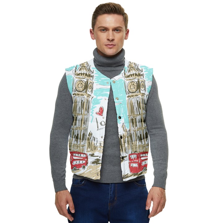 Big-ben-paris-clock-tower-vector-painted-london Men s Short Button Up Puffer Vest	