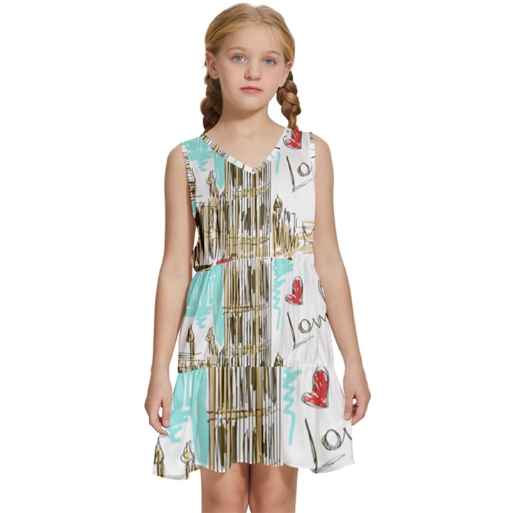 Big-ben-paris-clock-tower-vector-painted-london Kids  Sleeveless Tiered Mini Dress