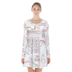 London-paris-drawing-vector-london-comics Long Sleeve Velvet V-neck Dress