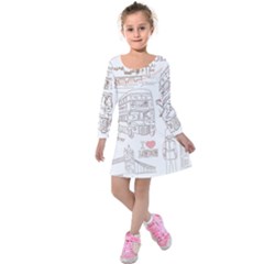 London-paris-drawing-vector-london-comics Kids  Long Sleeve Velvet Dress