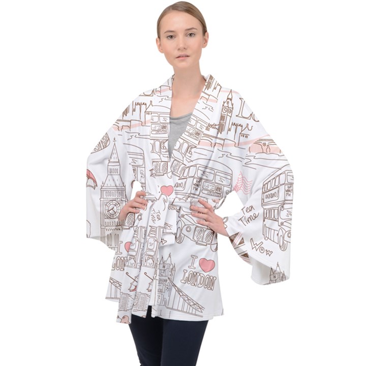 London-paris-drawing-vector-london-comics Long Sleeve Velvet Kimono 