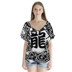 Chinese-dragon V-neck Flutter Sleeve Top