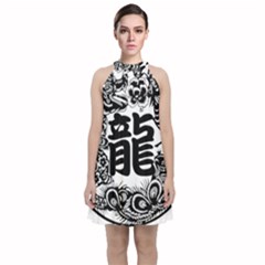 Chinese-dragon Velvet Halter Neckline Dress 