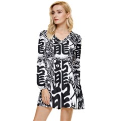 Chinese-dragon Tiered Long Sleeve Mini Dress